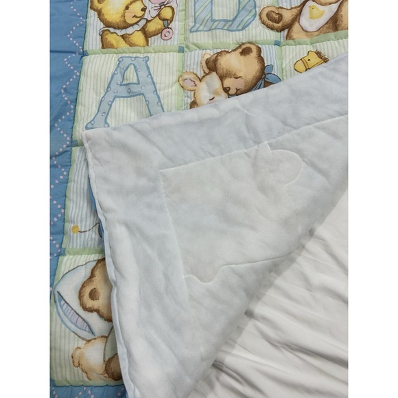 Vintage 90s Springmaid Baby Quilt Alphabet Blocks Blue Jeans Teddy Cottagecore - Picture 5 of 7